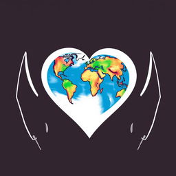 A design for matching couple sweatshirts featuring a large white heart at the center, symbolizing love, with a detailed globe or world map integrated inside the heart