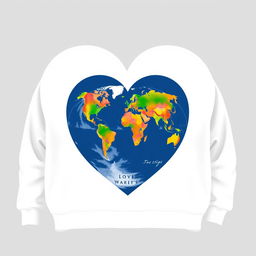 A design for matching couple sweatshirts featuring a large white heart at the center, symbolizing love, with a detailed globe or world map integrated inside the heart