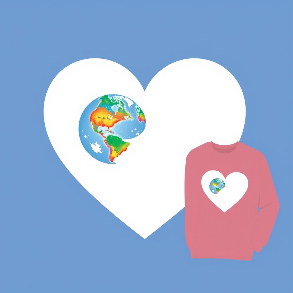 A design for matching couple sweatshirts featuring a large white heart at the center, symbolizing love, with a detailed globe or world map integrated inside the heart