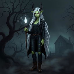 A female eladrin fiend warlock with striking green skin and long, flowing white hair stands in a dark, eerie landscape