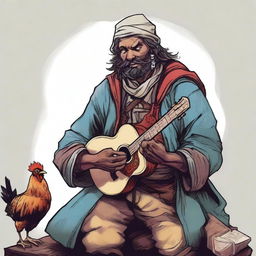 An expertly crafted comic illustration of a homeless bard from a fantasy DND setting