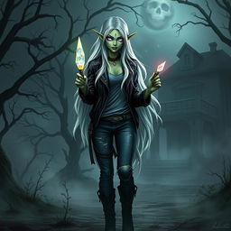 A female eladrin fiend warlock with striking green skin and long, flowing white hair stands in a dark, eerie landscape