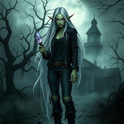 A female eladrin fiend warlock with striking green skin and long, flowing white hair stands in a dark, eerie landscape