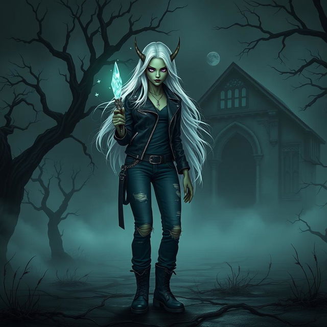 A female eladrin fiend warlock with striking green skin and long, flowing white hair stands in a dark, eerie landscape