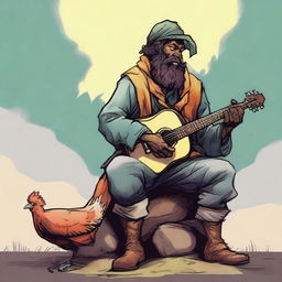 An expertly crafted comic illustration of a homeless bard from a fantasy DND setting