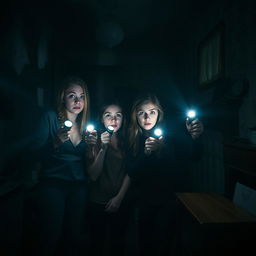 A group of four friends in a dimly lit room, each holding flashlights, displaying expressions of fear and unease