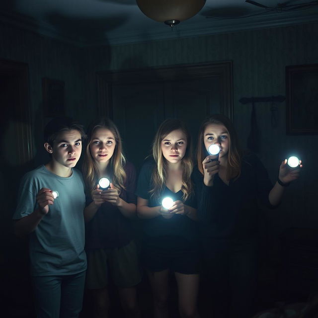 A group of four friends in a dimly lit room, each holding flashlights, displaying expressions of fear and unease