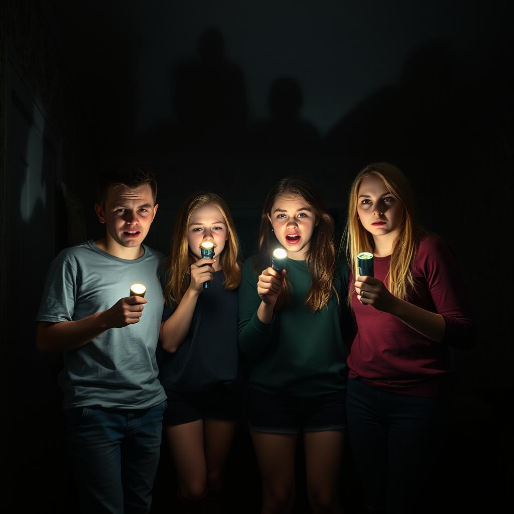 A group of four friends in a dimly lit room, each holding flashlights, displaying expressions of fear and unease