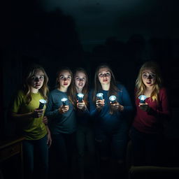 A group of four friends in a dimly lit room, each holding flashlights, displaying expressions of fear and unease