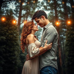 A captivating romance book cover featuring a couple embracing, their faces close together, just about to share a kiss beneath a picturesque setting of towering pine trees