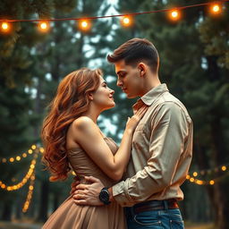 A captivating romance book cover featuring a couple embracing, their faces close together, just about to share a kiss beneath a picturesque setting of towering pine trees