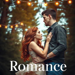 A captivating romance book cover featuring a couple embracing, their faces close together, just about to share a kiss beneath a picturesque setting of towering pine trees