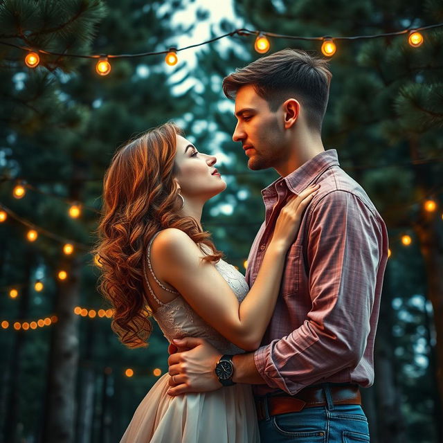 A captivating romance book cover featuring a couple embracing, their faces close together, just about to share a kiss beneath a picturesque setting of towering pine trees