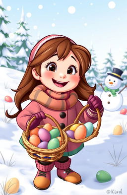 A cheerful cartoon character named Sally with brown hair, dressed warmly in colorful winter attire, enthusiastically collecting eggs in a snowy landscape