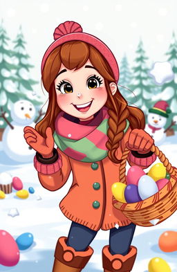 A cheerful cartoon character named Sally with brown hair, dressed warmly in colorful winter attire, enthusiastically collecting eggs in a snowy landscape
