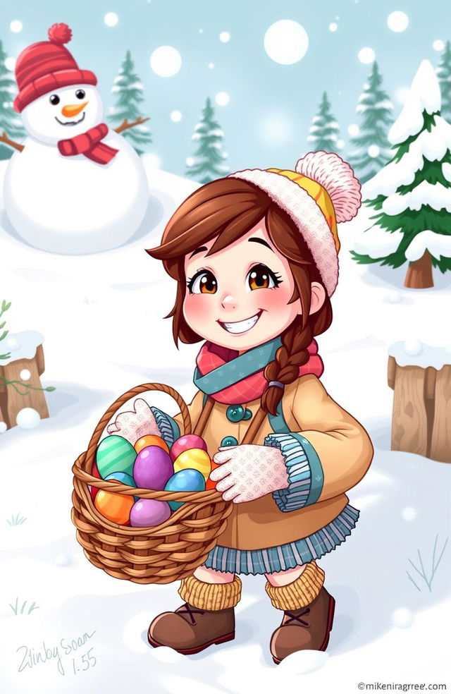 A cheerful cartoon character named Sally with brown hair, dressed warmly in colorful winter attire, enthusiastically collecting eggs in a snowy landscape