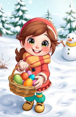 A cheerful cartoon character named Sally with brown hair, dressed warmly in colorful winter attire, enthusiastically collecting eggs in a snowy landscape