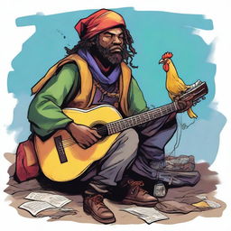 A vibrant comic illustration of a homeless bard from a fantasy DND realm