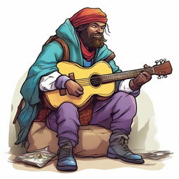 A vibrant comic illustration of a homeless bard from a fantasy DND realm