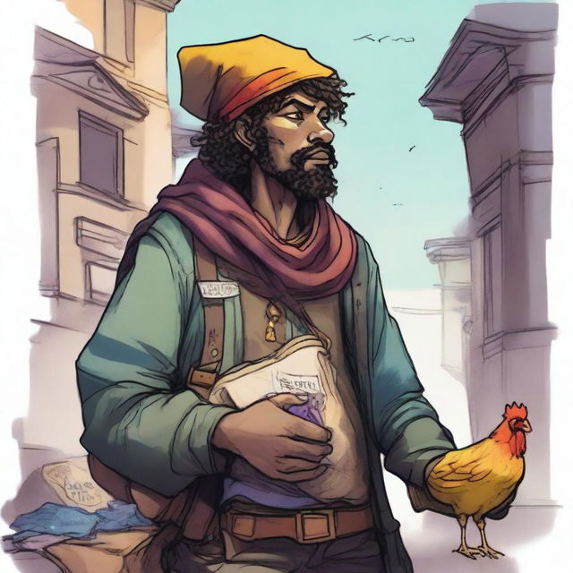 A vibrant comic illustration of a homeless bard from a fantasy DND realm