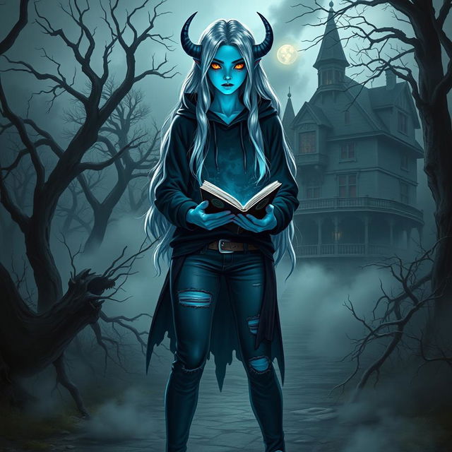 A female eladrin fiend warlock with enchanting blue skin and long silver hair stands in a chilling horror setting