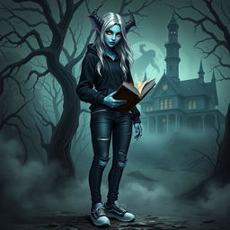 A female eladrin fiend warlock with enchanting blue skin and long silver hair stands in a chilling horror setting