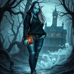 A female eladrin fiend warlock with enchanting blue skin and long silver hair stands in a chilling horror setting