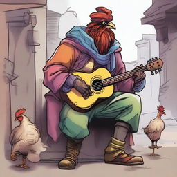 A vibrant comic illustration of a homeless bard from a fantasy DND realm