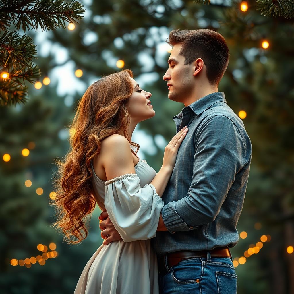 A stunning romance book cover featuring a couple embracing, their faces close together as they are about to share a kiss beneath a beautiful canopy of pine trees