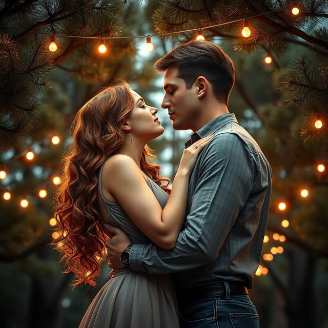 A stunning romance book cover featuring a couple embracing, their faces close together as they are about to share a kiss beneath a beautiful canopy of pine trees