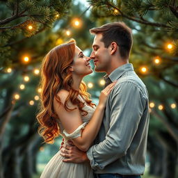 A stunning romance book cover featuring a couple embracing, their faces close together as they are about to share a kiss beneath a beautiful canopy of pine trees