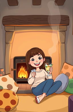 A cartoon character named Sally with brown hair, sitting comfortably in front of a cozy woodburner