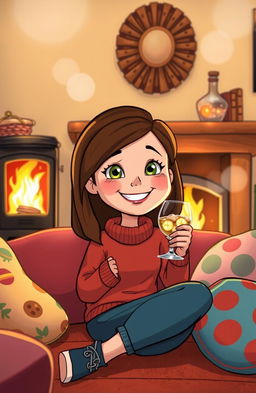 A cartoon character named Sally with brown hair, sitting comfortably in front of a cozy woodburner
