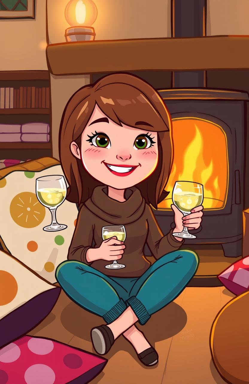 A cartoon character named Sally with brown hair, sitting comfortably in front of a cozy woodburner