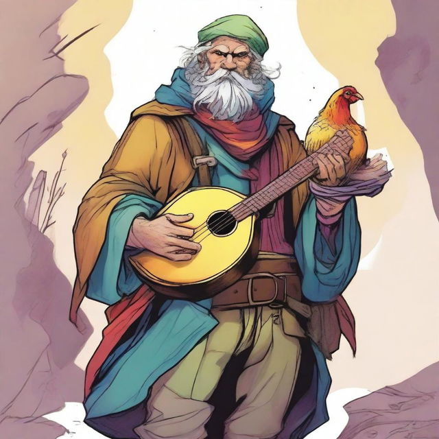 A high-quality comic illustration depicts a pale, homeless bard from a fantasy DND universe