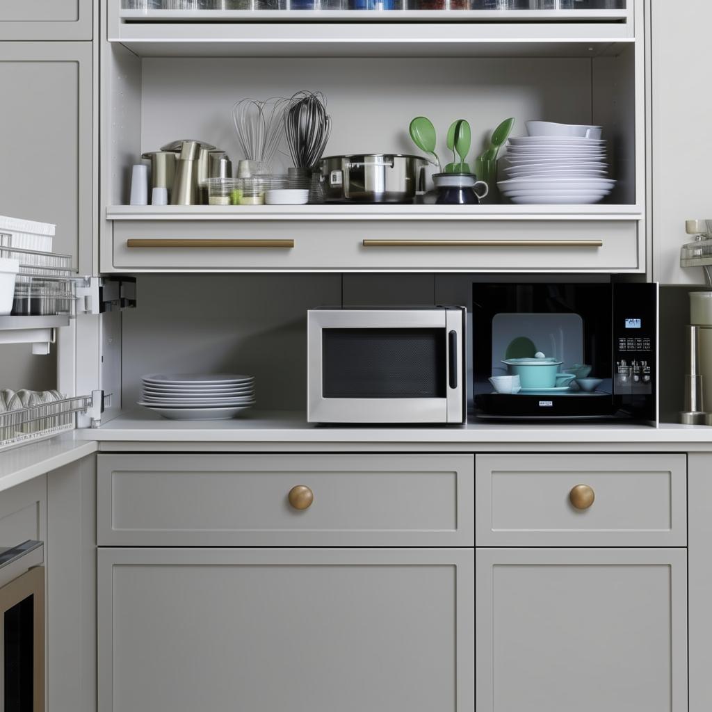 A meticulously organized kitchen cabinet or console, equipped with drawers and storage compartments filled with cutlery and dishes. Atop the cabinet rests a microwave and various other essential kitchen appliances.