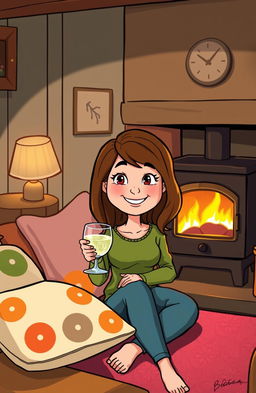 A cartoon character named Sally with brown hair, sitting comfortably in front of a cozy woodburner