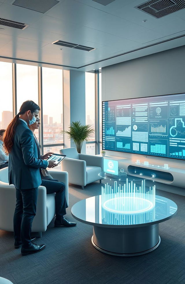 A futuristic and innovative office environment showcasing advanced technology transforming legal and business processes for the digital age