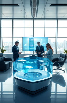 A futuristic and innovative office environment showcasing advanced technology transforming legal and business processes for the digital age