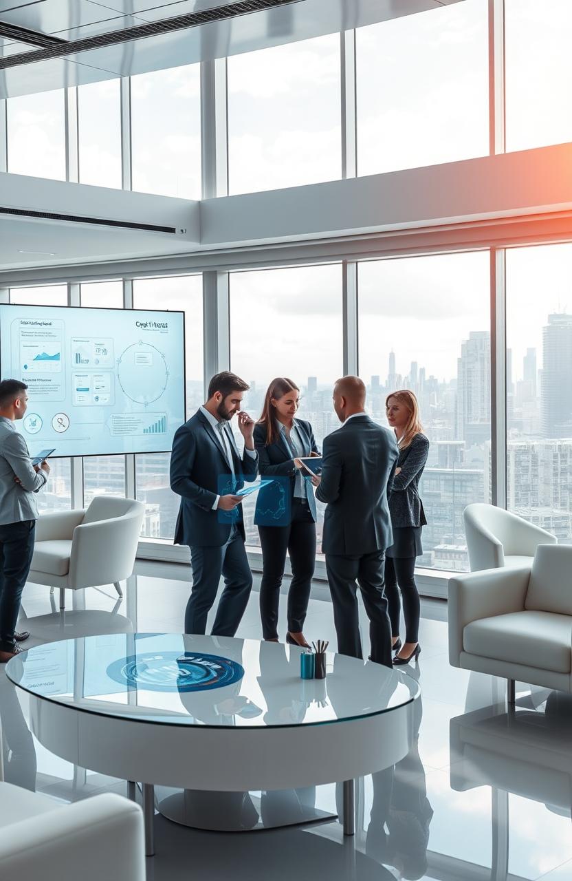 A futuristic and innovative office environment showcasing advanced technology transforming legal and business processes for the digital age