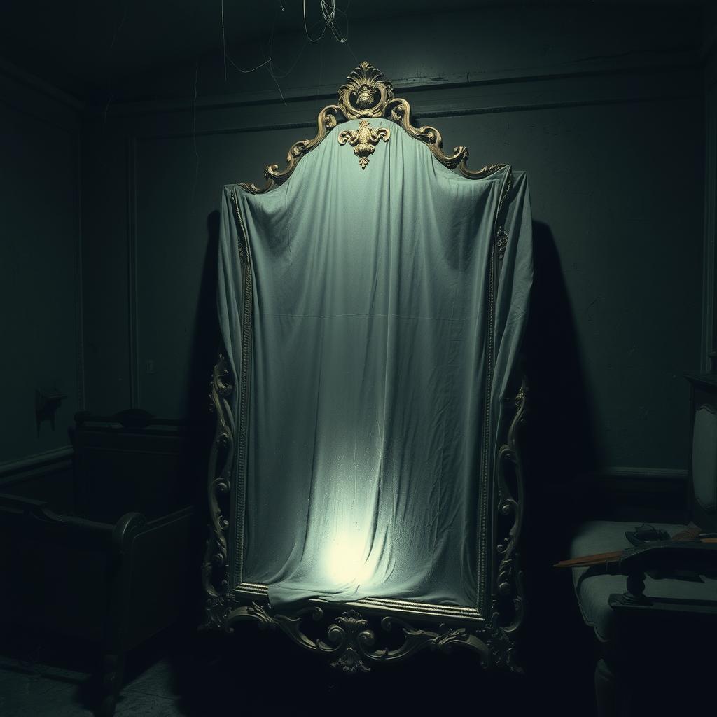 An antique mirror covered with a dusty sheet in a dimly-lit room