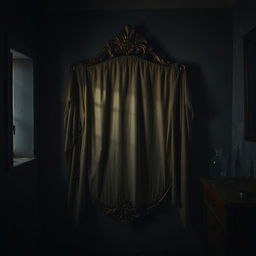 An antique mirror covered with a dusty sheet in a dimly-lit room