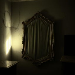 An antique mirror covered with a dusty sheet in a dimly-lit room