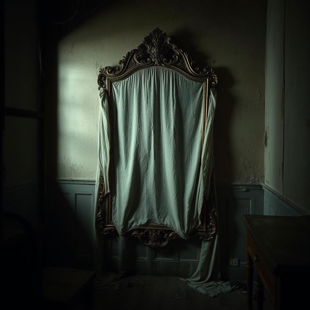 An antique mirror covered with a dusty sheet in a dimly-lit room