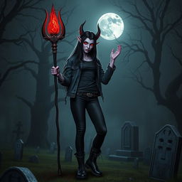 A female elf fiend warlock with deep purple skin and long cascading black hair stands confidently in a sinister horror setting