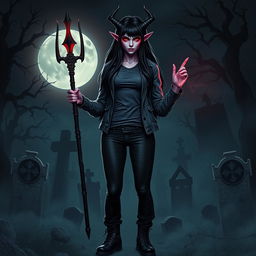 A female elf fiend warlock with deep purple skin and long cascading black hair stands confidently in a sinister horror setting