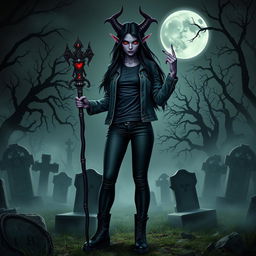 A female elf fiend warlock with deep purple skin and long cascading black hair stands confidently in a sinister horror setting