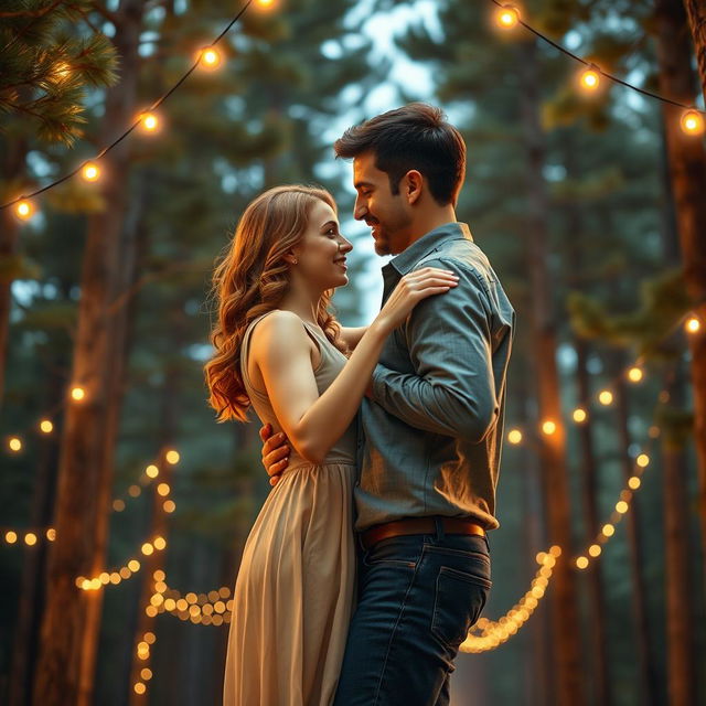 A beautiful romance book cover featuring a couple gracefully embracing as they dance beneath a stunning backdrop of tall pine trees