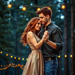 A beautiful romance book cover featuring a couple gracefully embracing as they dance beneath a stunning backdrop of tall pine trees