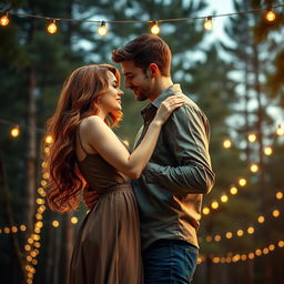 A beautiful romance book cover featuring a couple gracefully embracing as they dance beneath a stunning backdrop of tall pine trees
